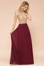Vestido de noche formal MisShow para mujer con apliques dorados, de gasa y encaje, vestido largo de fiesta