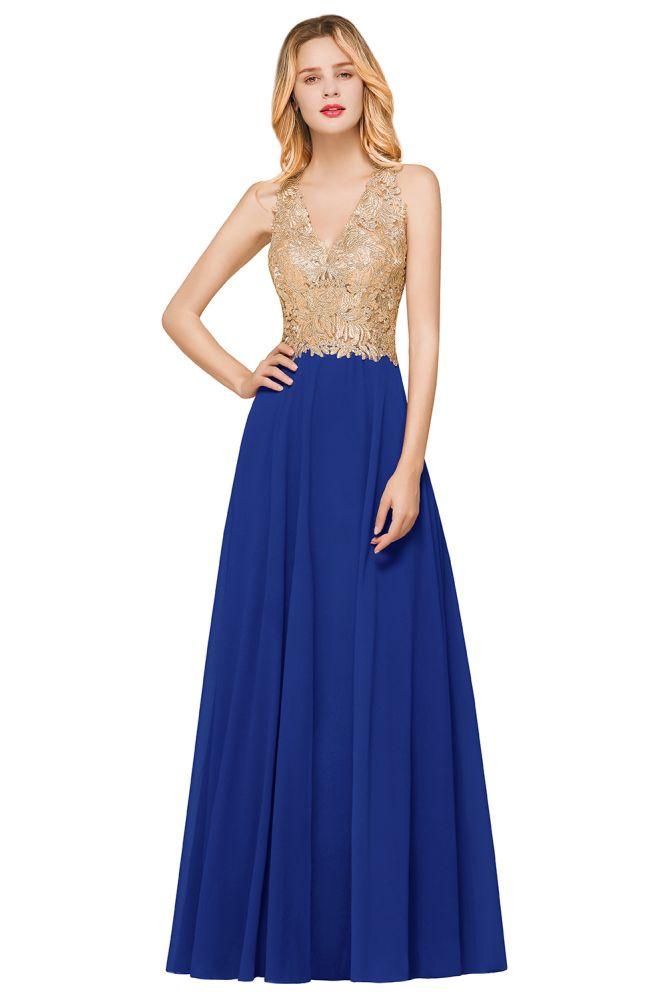 Vestido de noche formal MisShow para mujer con apliques dorados, de gasa y encaje, vestido largo de fiesta