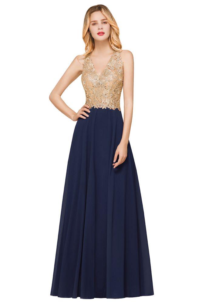 Vestido de noche formal MisShow para mujer con apliques dorados, de gasa y encaje, vestido largo de fiesta