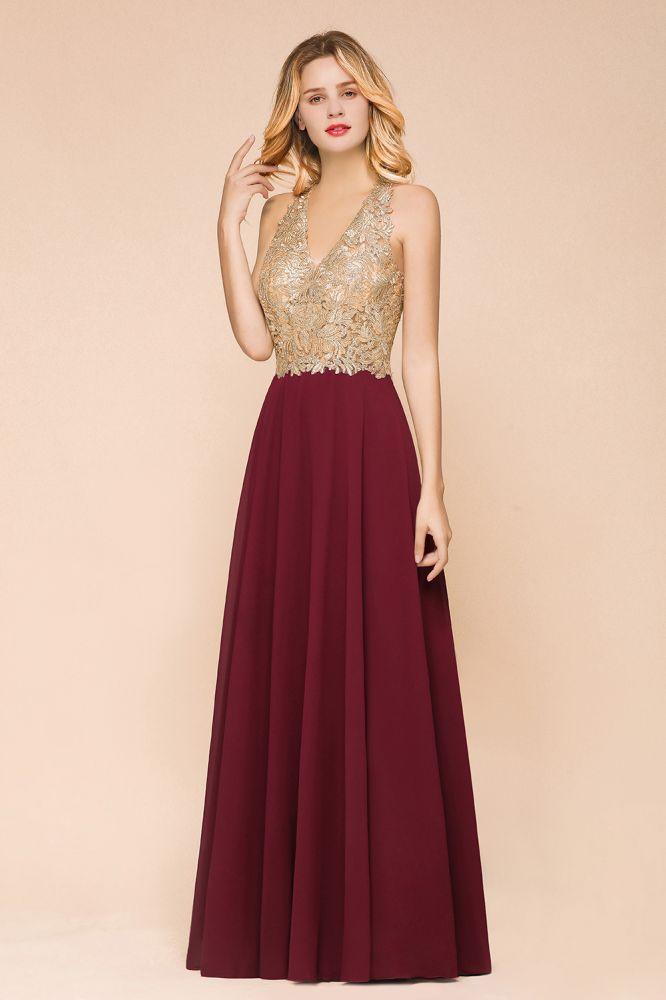 Vestido de noche formal MisShow para mujer con apliques dorados, de gasa y encaje, vestido largo de fiesta