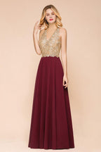 Vestido de noche formal MisShow para mujer con apliques dorados, de gasa y encaje, vestido largo de fiesta