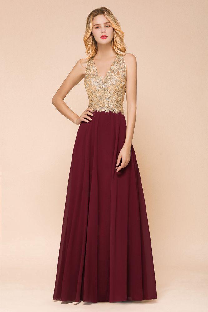 Vestido de noche formal MisShow para mujer con apliques dorados, de gasa y encaje, vestido largo de fiesta
