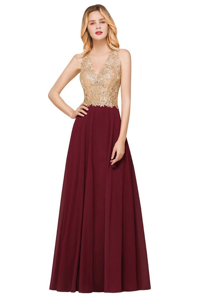 Vestido de noche formal MisShow para mujer con apliques dorados, de gasa y encaje, vestido largo de fiesta