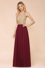 Vestido de noche formal MisShow para mujer con apliques dorados, de gasa y encaje, vestido largo de fiesta