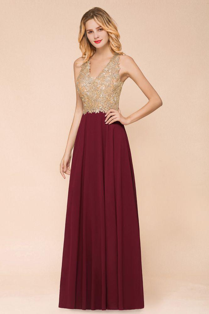 Vestido de noche formal MisShow para mujer con apliques dorados, de gasa y encaje, vestido largo de fiesta