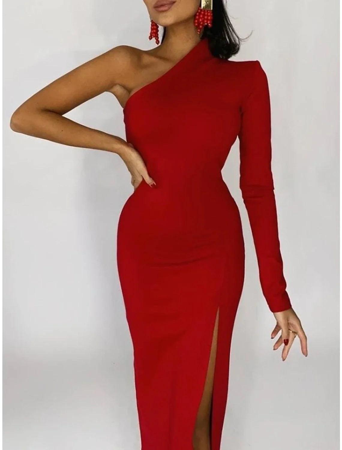 Mermaid Black Dress Plus Size Evening Gown Minimalist Dress Formal Evening Sweep / Brush Train Long Sleeve One Shoulder Fall Wedding Guest Stretch Fabric with Slit Pure Color