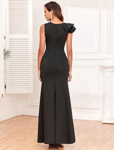 Meerjungfrau/Trompete Abendkleid Elegantes Kleid Abend Party Ball Bodenlang Ärmellos Quadratischer Ausschnitt Herbst Hochzeitsempfang Polyester mit Rüschen