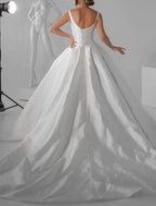 Royal Style Formal Wedding Dresses Ball Gown Square Neck Sleeveless Chapel Train Satin Bridal Gowns With Solid Color