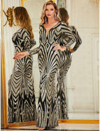 Vestido de noche sirena/trompeta con brillo y brillo, vestido formal para boda, largo hasta el suelo, manga larga, cuello en V, poliéster desmontable con sobrefalda de lentejuelas