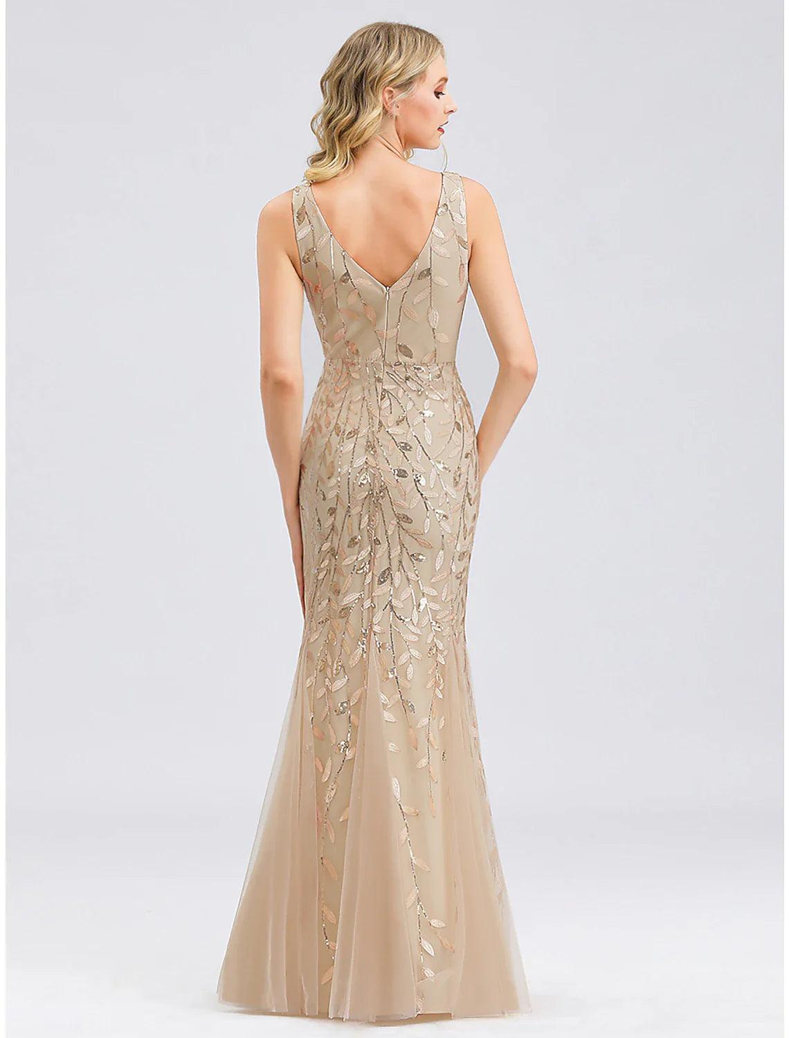 Mermaid / Trumpet Sparkle Sexy Prom Formal Evening Valentine's Day Dress V Neck V Back Sleeveless Floor Length Tulle with Sequin Appliques