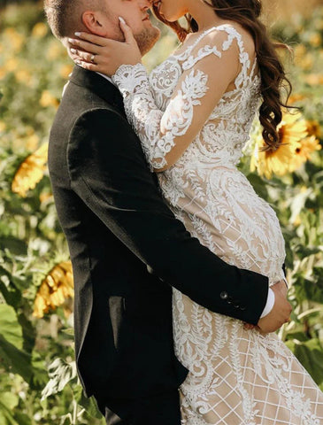 Verlobungs-formelle Boho-Brautkleider Meerjungfrau/Trompete Illusionsausschnitt Langarm Sweep/Pinselzug Spitze Brautkleider mit Applikationen