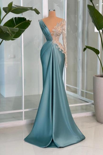 Vestido de fiesta moderno de sirena largo con escote en V, encaje, pedrería y satén de manga larga