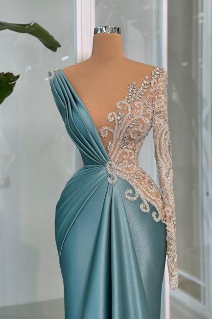 Vestido de fiesta moderno de sirena largo con escote en V, encaje, pedrería y satén de manga larga
