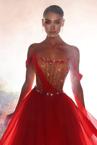 Vestido de fiesta moderno largo rojo de gasa con hombros descubiertos y cuentas, corte en A