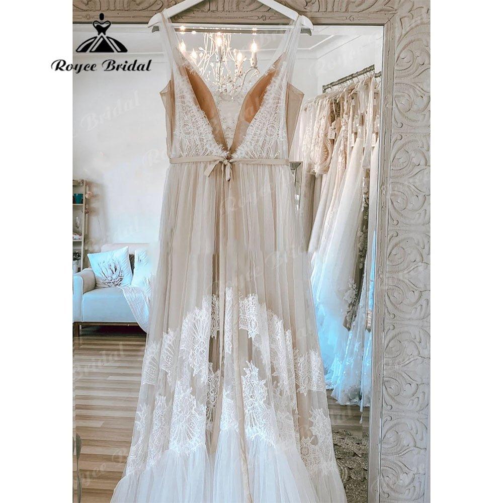 NumberSea - Modest Lace Boho Bohemian Beach Wedding Dress with Deep V Neck Backless 2025 Bridal Dresses for Wedding Custom Made NumberSea