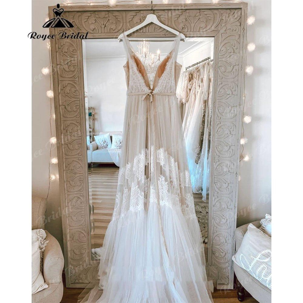 NumberSea - Modest Lace Boho Bohemian Beach Wedding Dress with Deep V Neck Backless 2025 Bridal Dresses for Wedding Custom Made NumberSea
