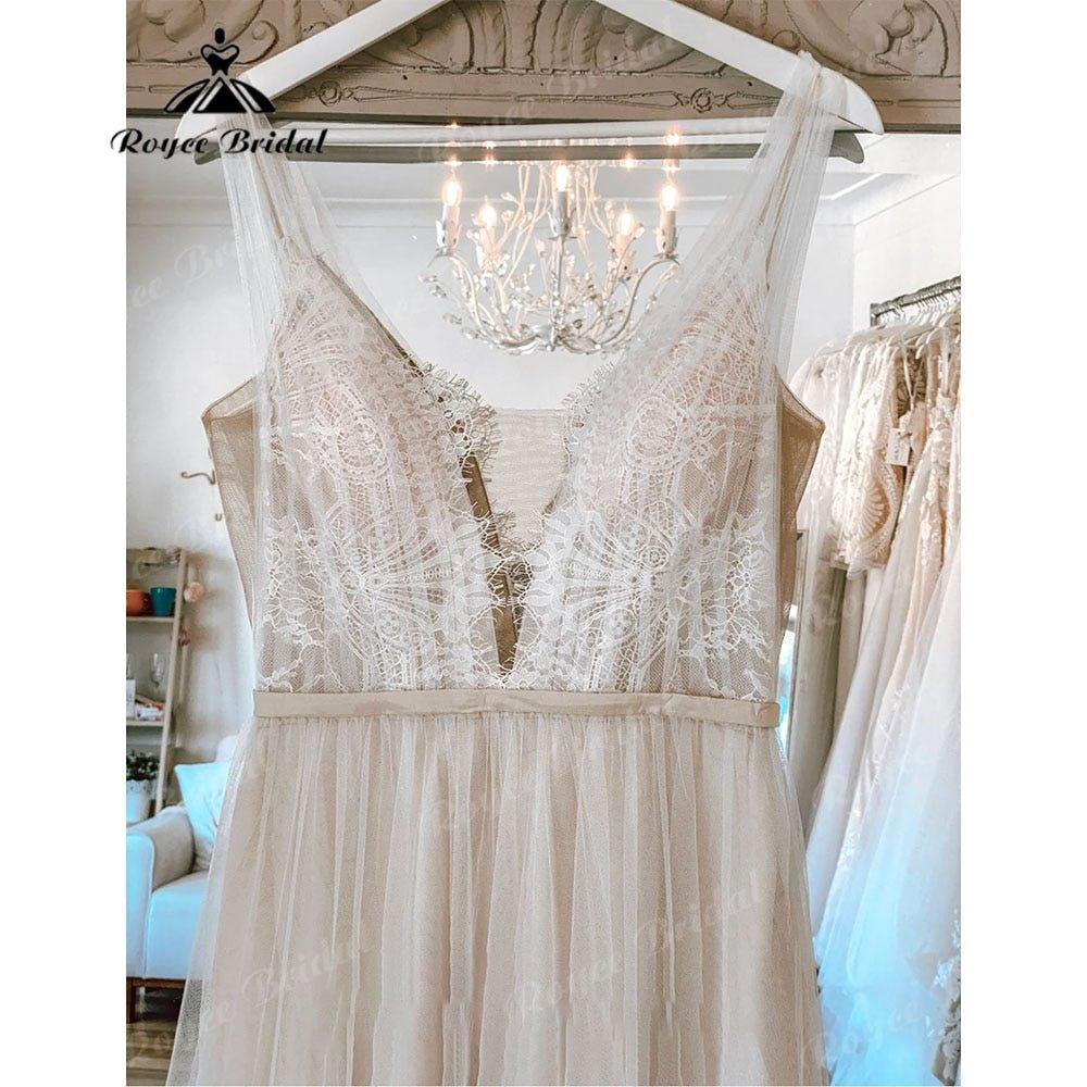 NumberSea - Modest Lace Boho Bohemian Beach Wedding Dress with Deep V Neck Backless 2025 Bridal Dresses for Wedding Custom Made NumberSea