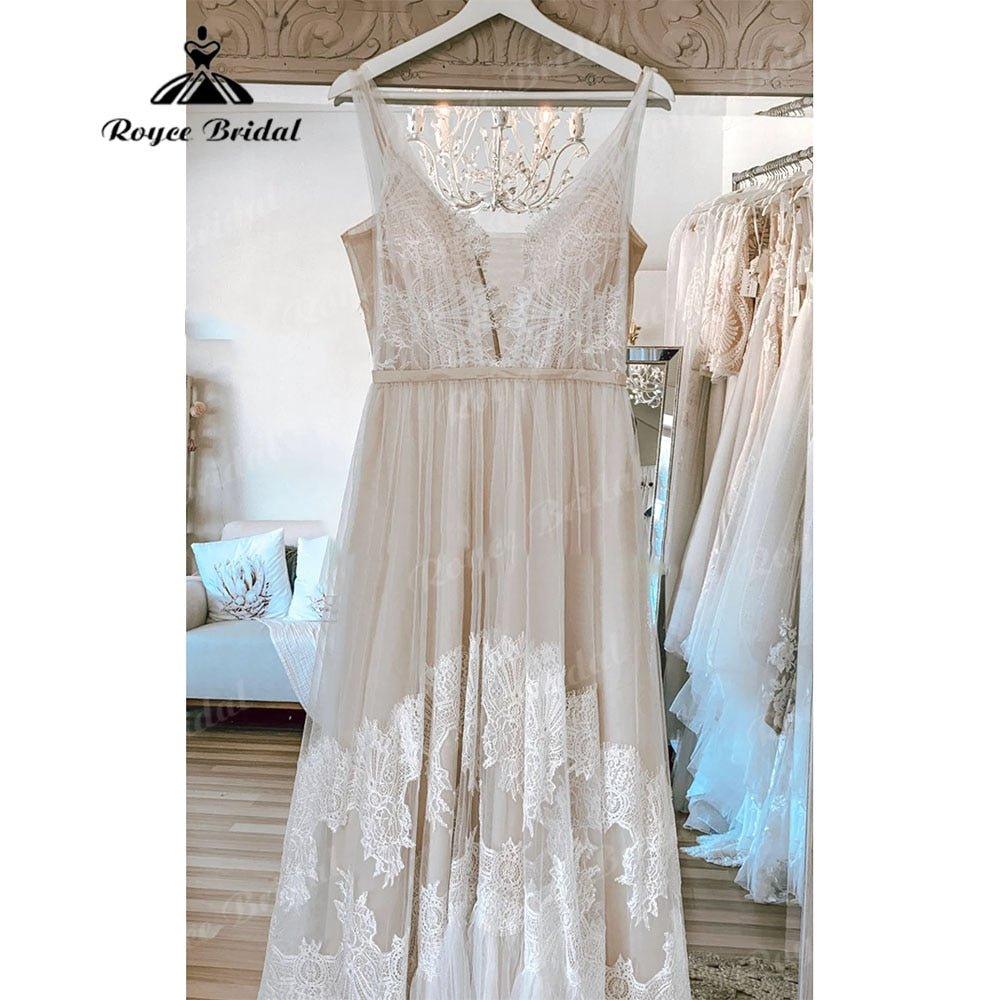 NumberSea - Modest Lace Boho Bohemian Beach Wedding Dress with Deep V Neck Backless 2025 Bridal Dresses for Wedding Custom Made NumberSea