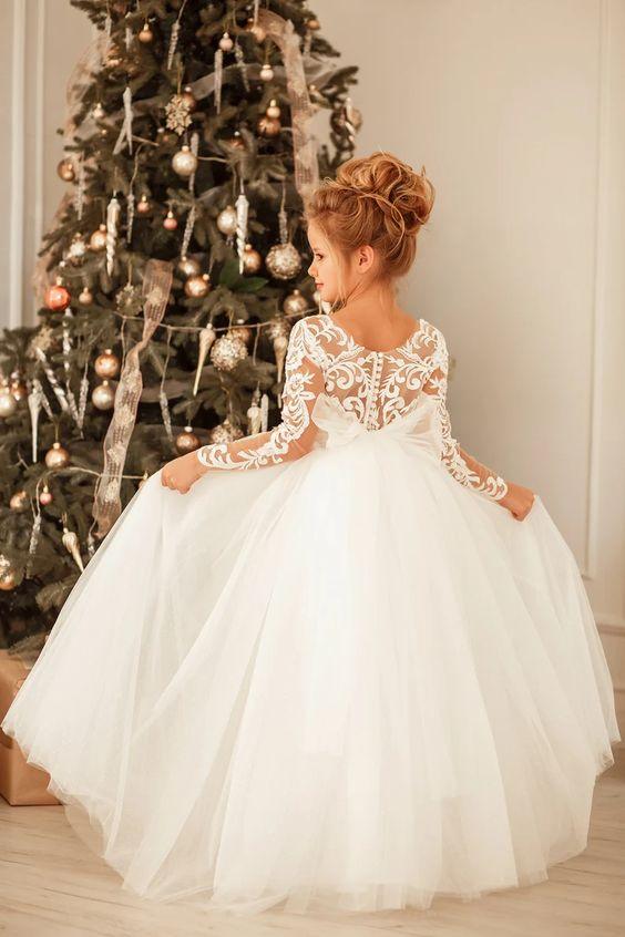 Vestido de niña de las flores con apliques de encaje de tul princesa largo modesto con mangas