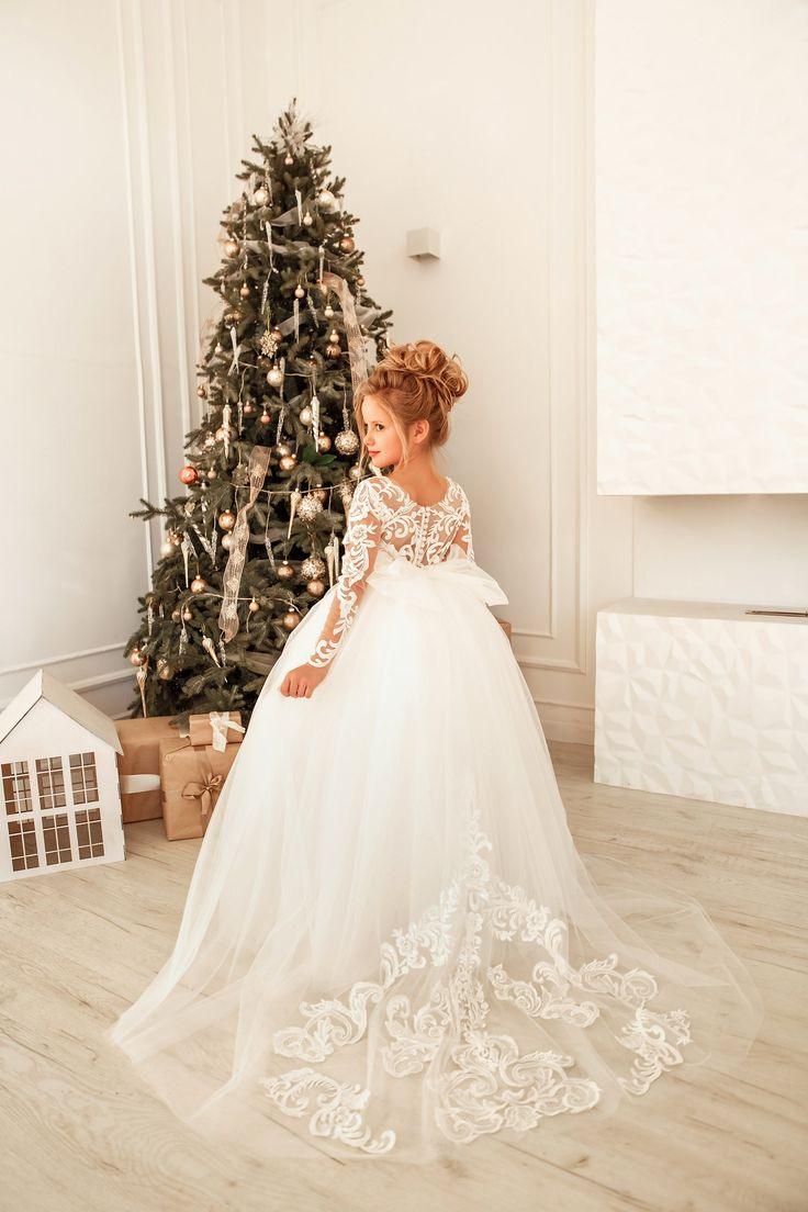 Vestido de niña de las flores con apliques de encaje de tul princesa largo modesto con mangas