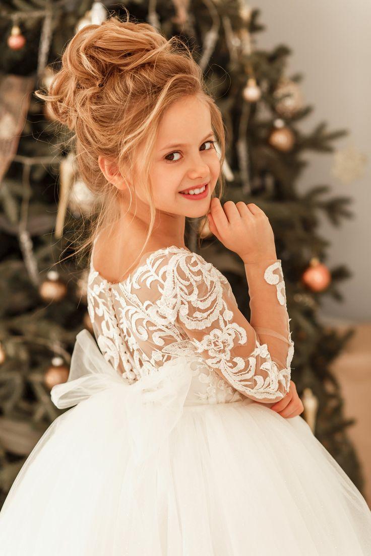 Vestido de niña de las flores con apliques de encaje de tul princesa largo modesto con mangas