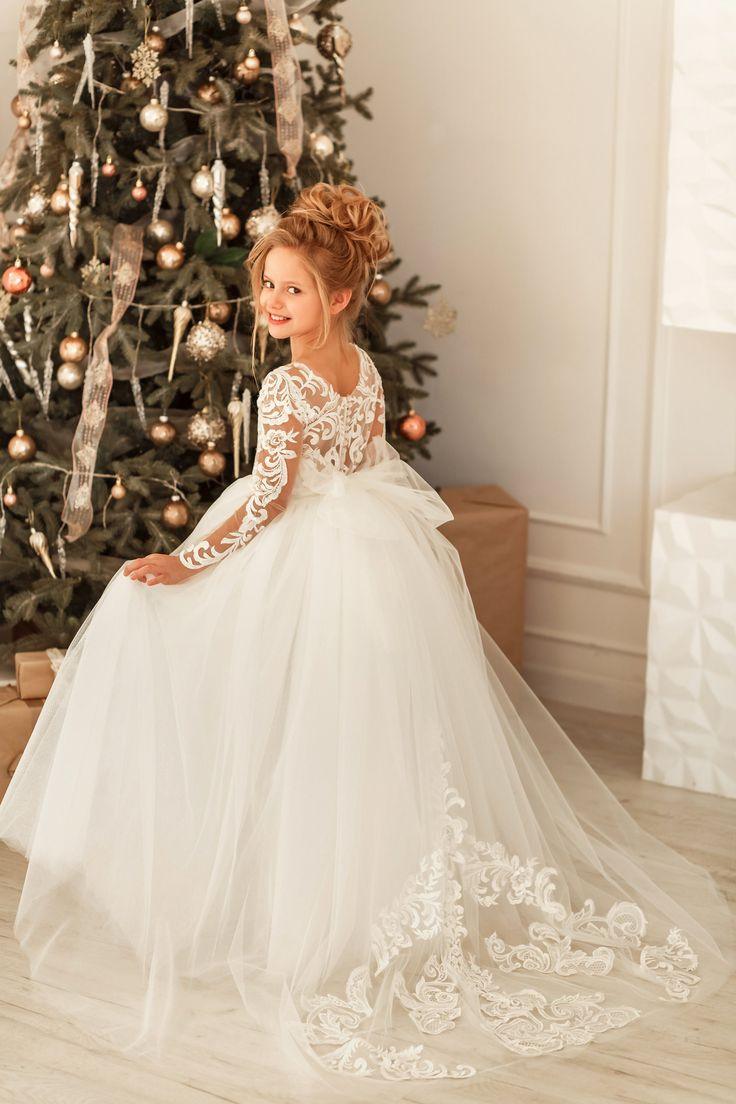 Vestido de niña de las flores con apliques de encaje de tul princesa largo modesto con mangas