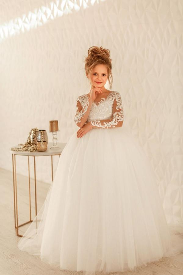 Vestido de niña de las flores con apliques de encaje de tul princesa largo modesto con mangas