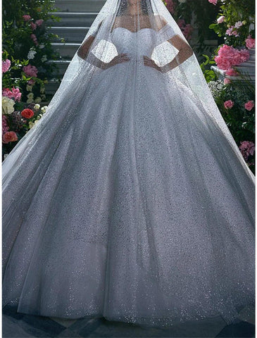 Verlobungs-Hochzeitskleider mit Glitzer und Glanz, Ballkleid, schulterfrei, Flügelärmel, Kapellenschleppe, Pailletten-Brautkleider mit Volltonfarbe