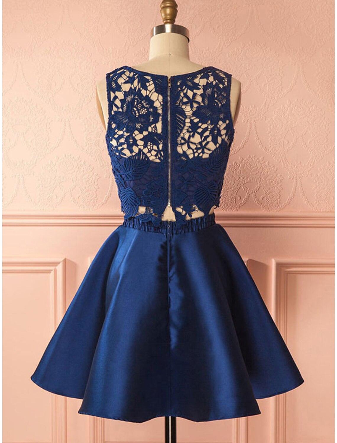 Vestidos de cóctel de dos piezas, vestido de fiesta, graduación, cóctel, fiesta, corto/mini, sin mangas, cuello joya, encaje, espalda descubierta, con pliegues y apliques