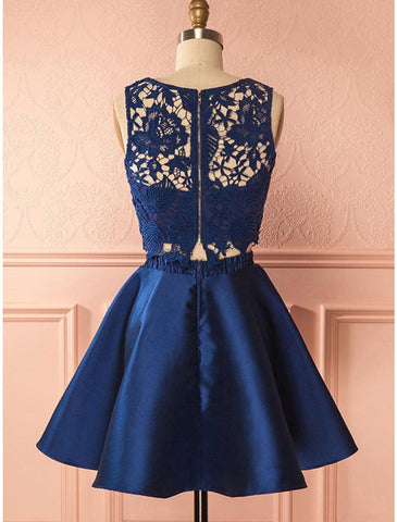 Vestidos de cóctel de dos piezas, vestido de fiesta, graduación, cóctel, fiesta, corto/mini, sin mangas, cuello joya, encaje, espalda descubierta, con pliegues y apliques