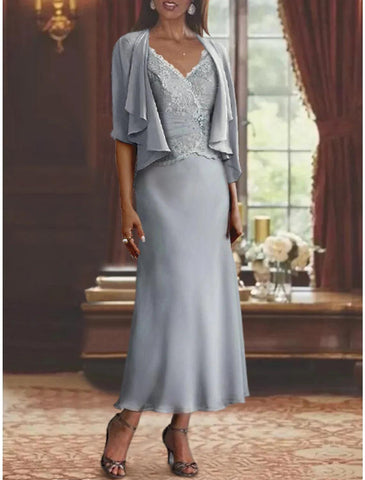 Two Piece Mermaid / Trumpet Mother of the Bride Dress Formal Wedding Guest Vintage Elegant V Neck Ankle Length Chiffon Lace 3/4 Length Sleeve Wrap Included with Ruched