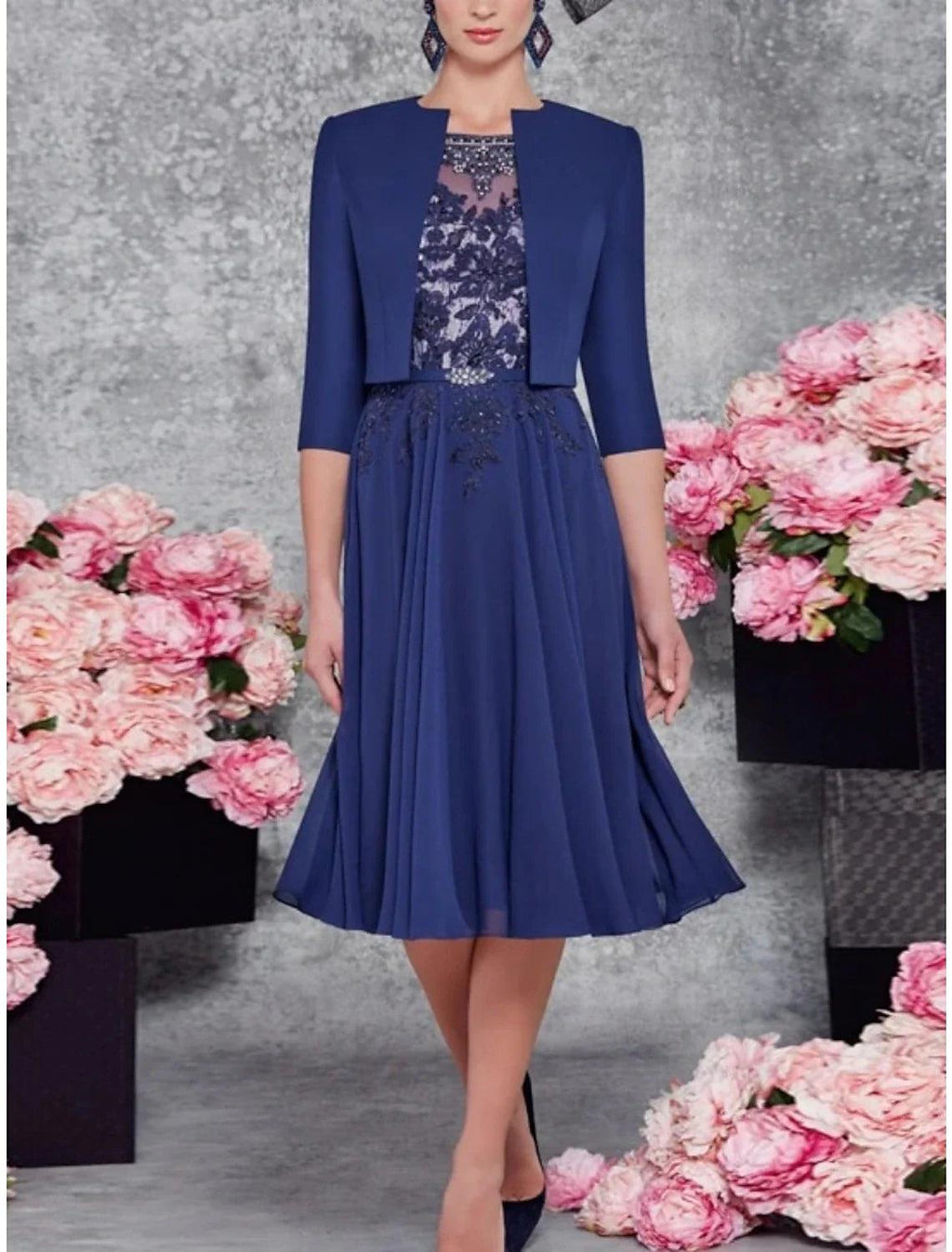 Vestido de dos piezas para madre de la novia, para invitadas de boda, para fiestas en la iglesia, elegante, con escote redondo, largo hasta la rodilla, de gasa, con encaje, media manga y pliegues con lentejuelas