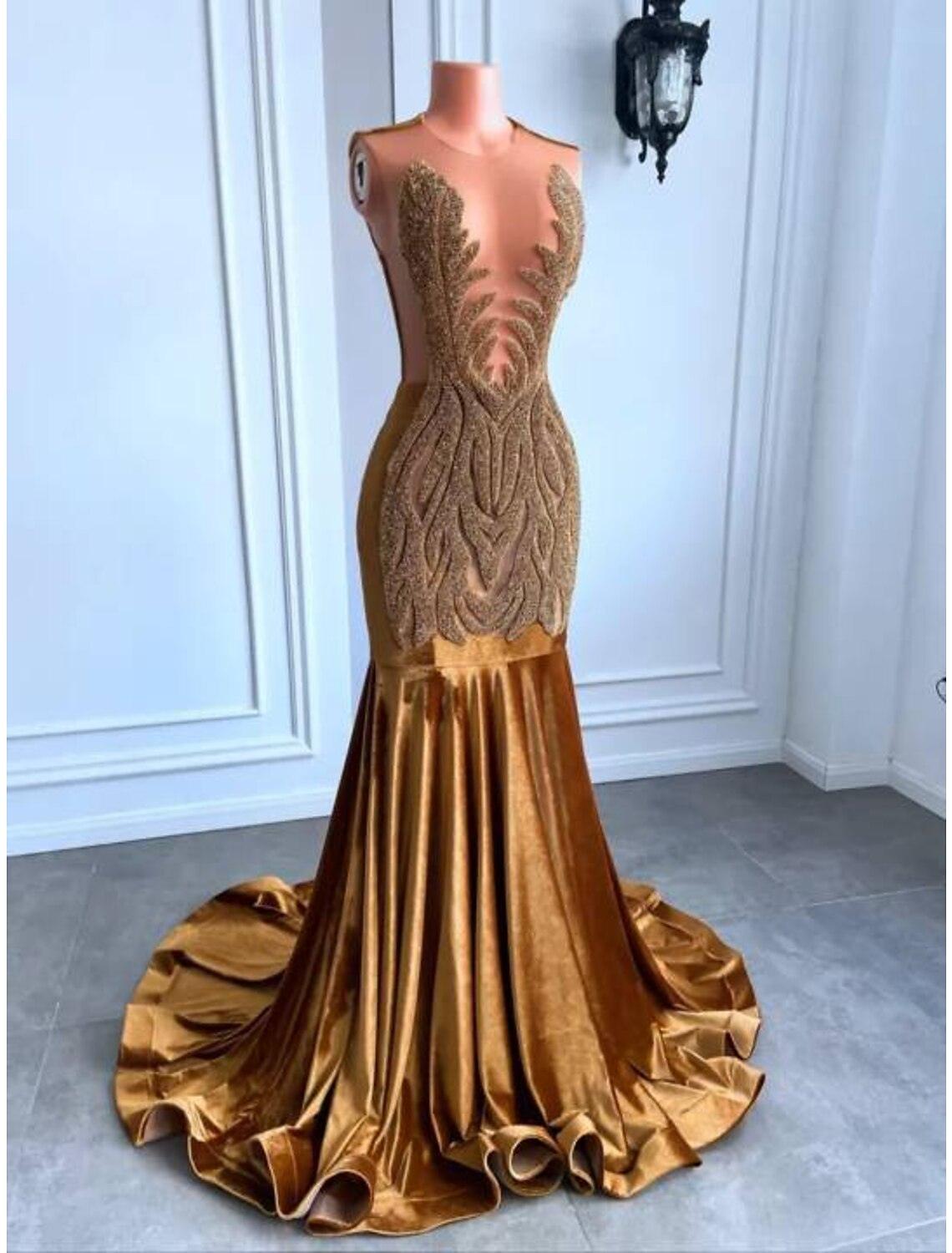 Vestido de noche de sirena/trompeta con brillo y destellos, vestido de carnaval, formal, corte, cola, sin mangas, cuello joya, afroamericano, terciopelo con cuentas