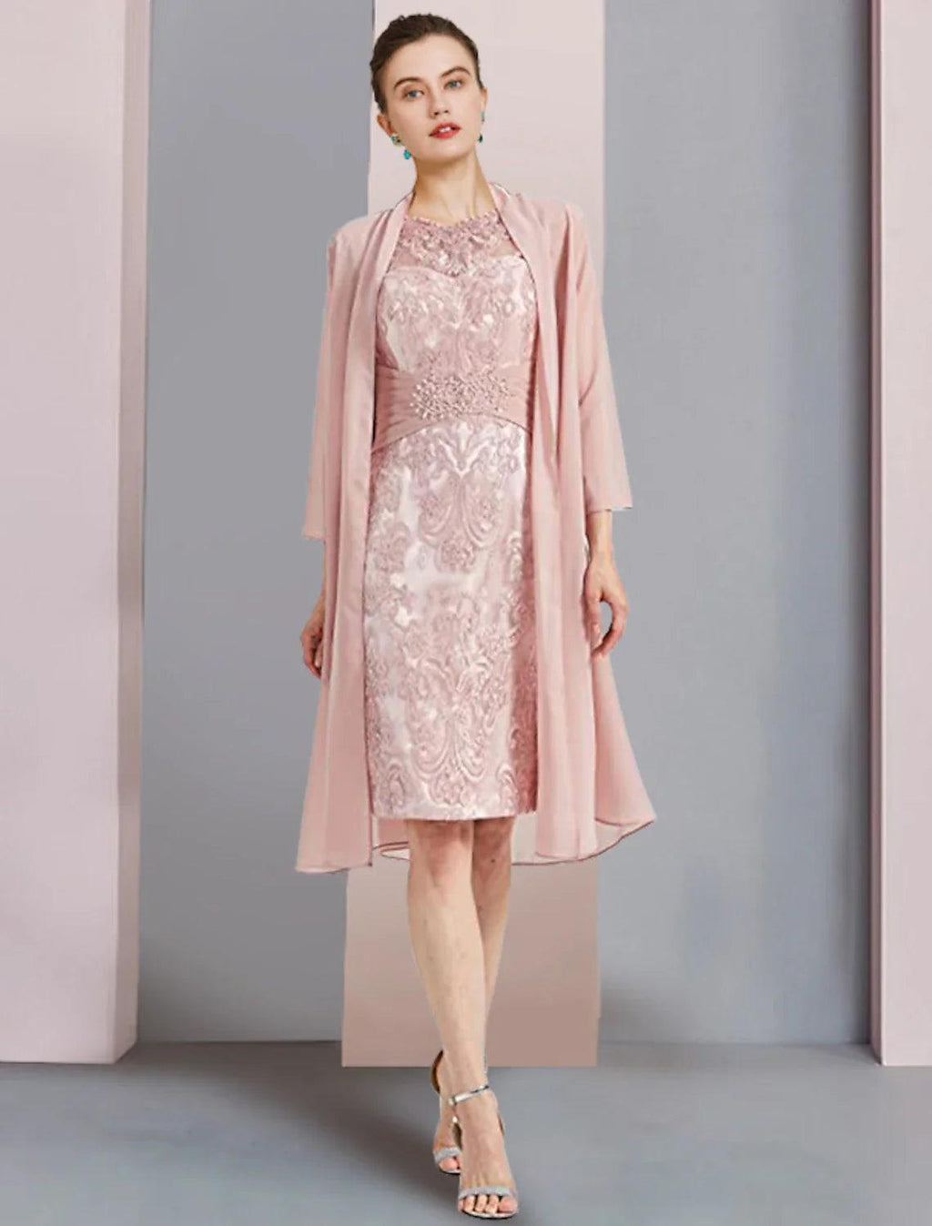 Vestido de dos piezas tipo tubo/columna para madre de la novia, elegante, de escote redondo, largo hasta la rodilla, de gasa, con encaje, sin mangas, con apliques de cuentas