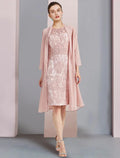 Vestido de dos piezas tipo tubo/columna para madre de la novia, elegante, de escote redondo, largo hasta la rodilla, de gasa, con encaje, sin mangas, con apliques de cuentas