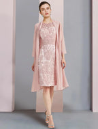 Vestido de dos piezas tipo tubo/columna para madre de la novia, elegante, de escote redondo, largo hasta la rodilla, de gasa, con encaje, sin mangas, con apliques de cuentas