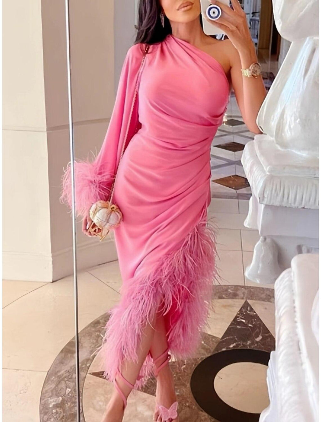 Vestido de noche tubo/columna, sexy, para cumpleaños, otoño, asimétrico, manga larga, un hombro, tejido elástico con plumas fruncidas
