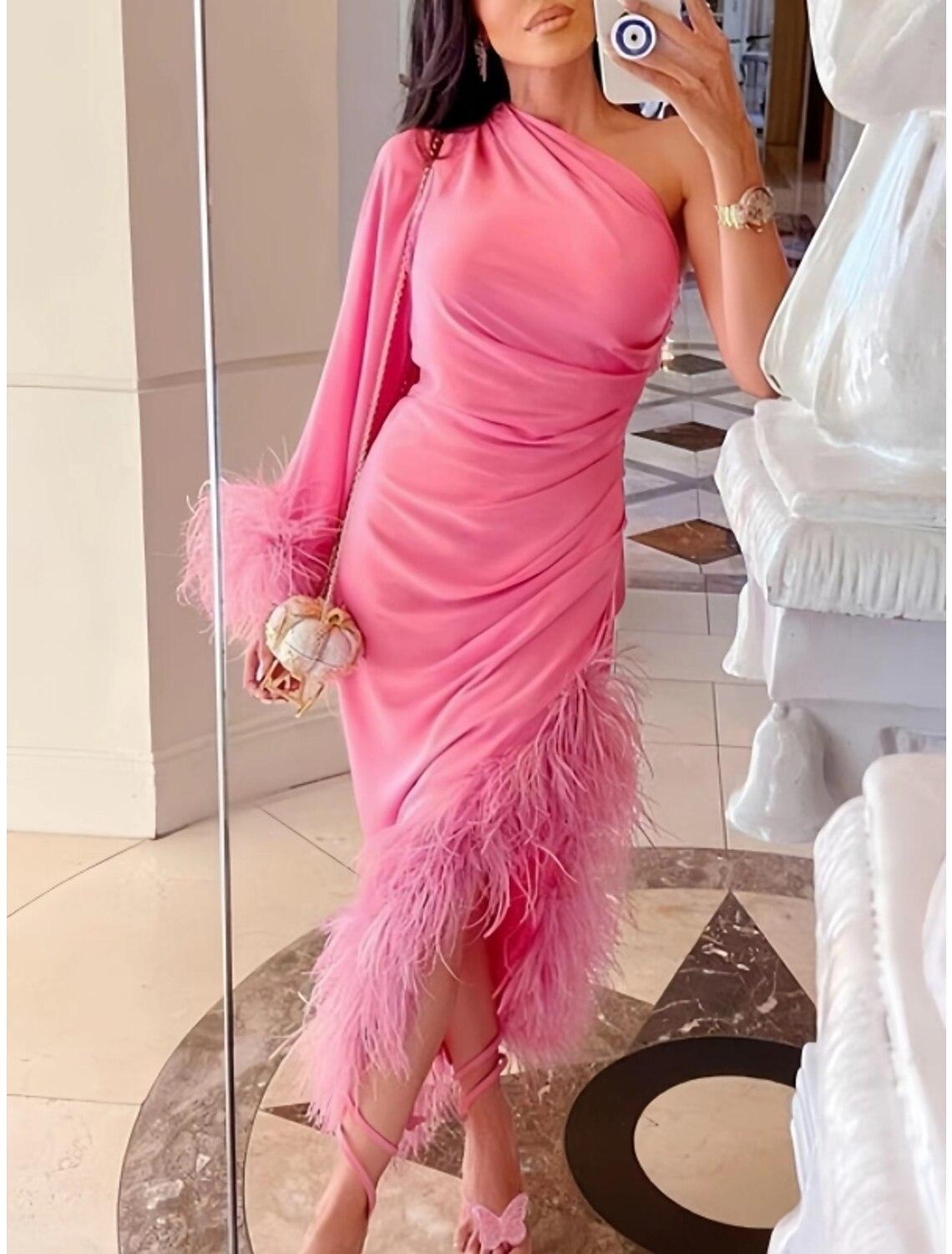 Vestido de noche tubo/columna, sexy, para cumpleaños, otoño, asimétrico, manga larga, un hombro, tejido elástico con plumas fruncidas