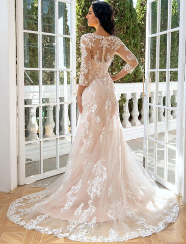 Verlobungs-Hochzeitskleider für den Herbst, Meerjungfrau/Trompete, Herzausschnitt, lange Ärmel, Sweep/Pinselzug, Spitze, Brautkleider mit Applikationen