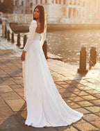 Empfang Royal Style Casual Brautkleider A-Linie Herzausschnitt Langarm Sweep / Pinsel Zug Satin Brautkleider mit Volltonfarbe