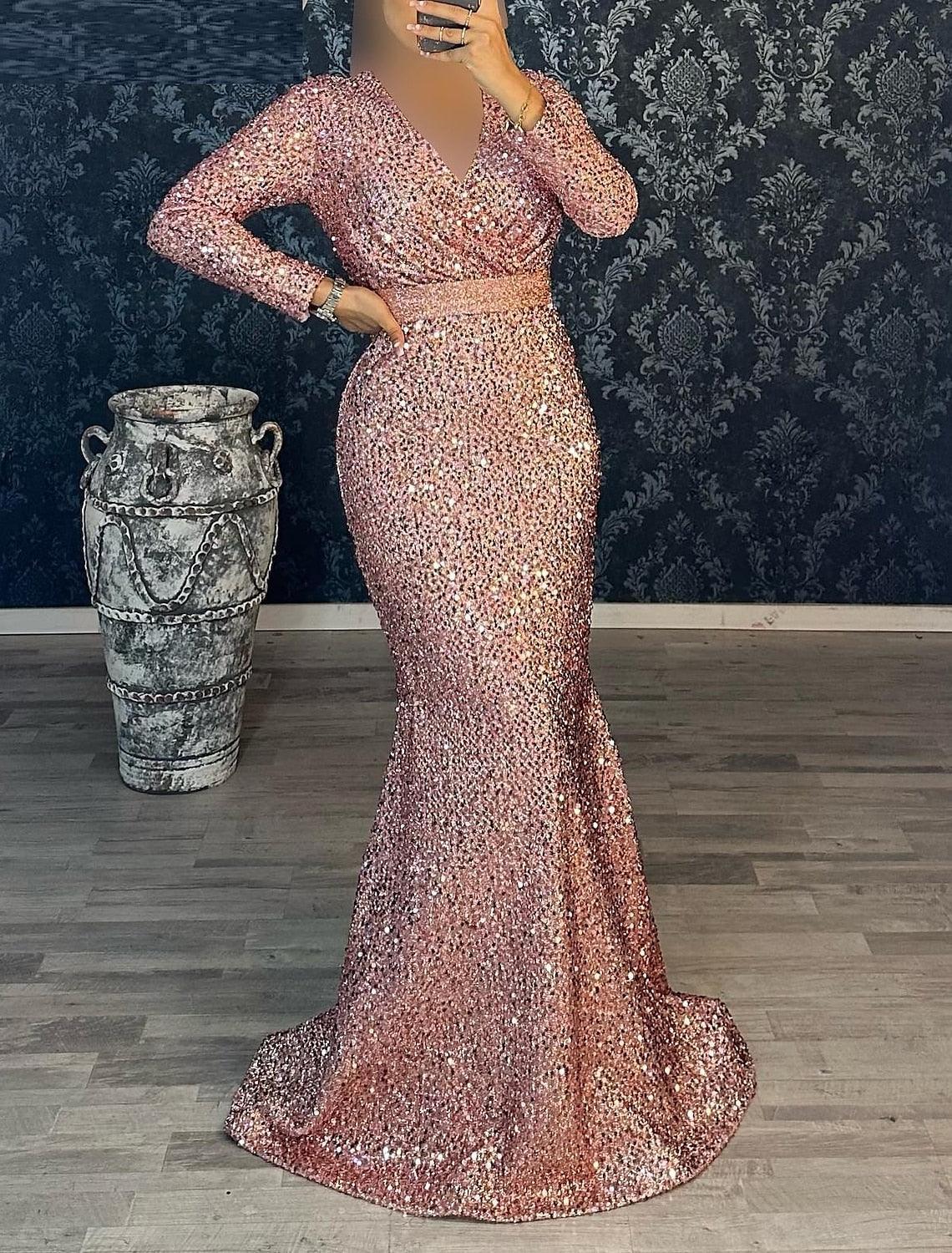 Meerjungfrau/Trompete Abendkleid Weihnachten Rot Grün Kleid Partykleid Maskerade Schwarze Krawatte Bodenlang Langarm V-Ausschnitt Gürtel/Schärpe Pailletten mit Rüschen