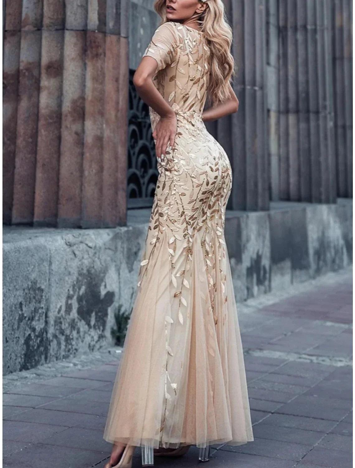 Vestido de sirena/trompeta para madre de la novia, para invitada de boda, brillo y resplandor, elegante, cuello joya, largo hasta el suelo, lentejuelas, manga corta con pliegues, lentejuelas