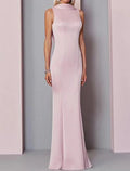 Vestido de Fiesta de Sirena Vestido de Noche Formal para Invitada de Boda Cuello Alto Espalda en V Sin Mangas Largo hasta el Suelo Poliéster con Botones