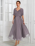 Vestido de madre de la novia, elegante, formal, para invitada de boda, escote en V, largo hasta la rodilla, de gasa, con encaje, manga corta, chaqueta y pliegues.