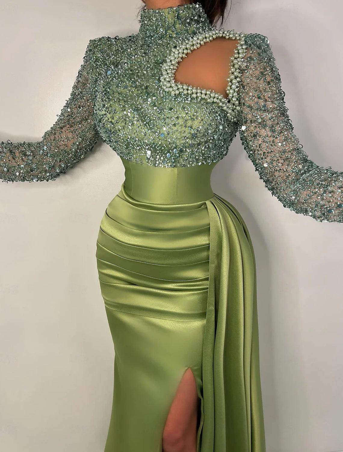 Meerjungfrauenkleid, elegantes formelles Abendkleid mit Schleppe, langen Ärmeln, hohem Halsausschnitt, Satin mit Perlen und Pailletten