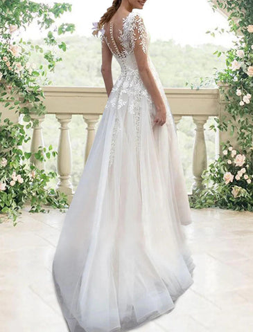 Verlobungs-Hochzeitskleider für den Herbst, A-Linie, offener Rücken, Illusionsausschnitt, lange Ärmel, Hofschleppe, Spitzen-Brautkleider mit Faltenapplikationen