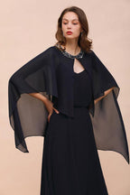 Marineblaues Brautjungfernkleid mit Perlenbesatz, bodenlanges Chiffon-Kleid für die Trauzeugin