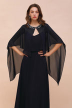 Marineblaues Brautjungfernkleid mit Perlenbesatz, bodenlanges Chiffon-Kleid für die Trauzeugin