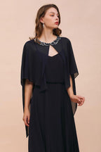 Marineblaues Brautjungfernkleid mit Perlenbesatz, bodenlanges Chiffon-Kleid für die Trauzeugin