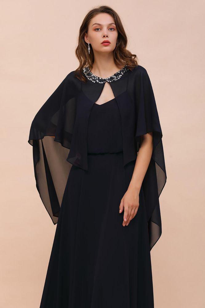 Marineblaues Brautjungfernkleid mit Perlenbesatz, bodenlanges Chiffon-Kleid für die Trauzeugin